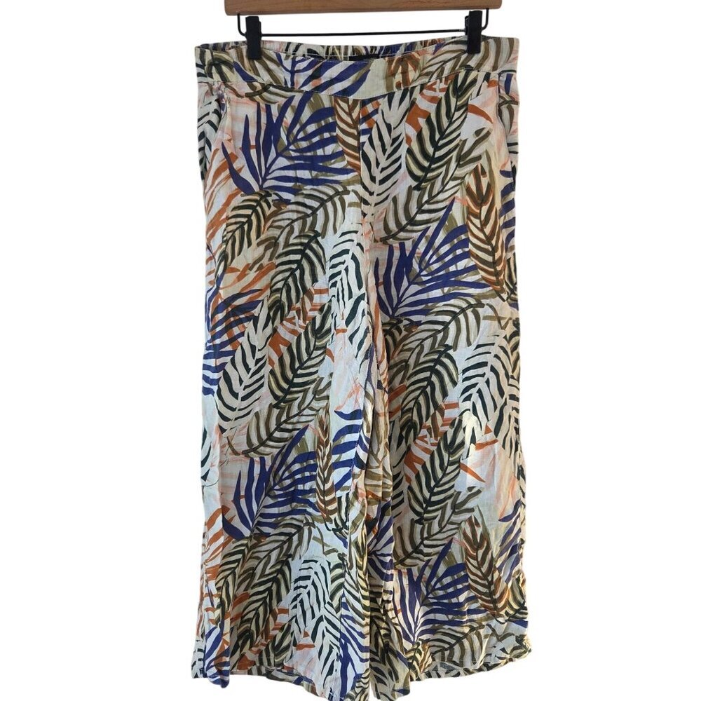 Tahari 100% Linen Floral Pants Tan Green Beachy Tropical Pull-On Elastic Waist L